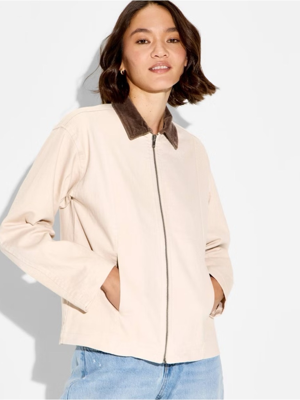 Women's Wild Fable Cream Jacket with Brown Collar - Lightweight Zip Front